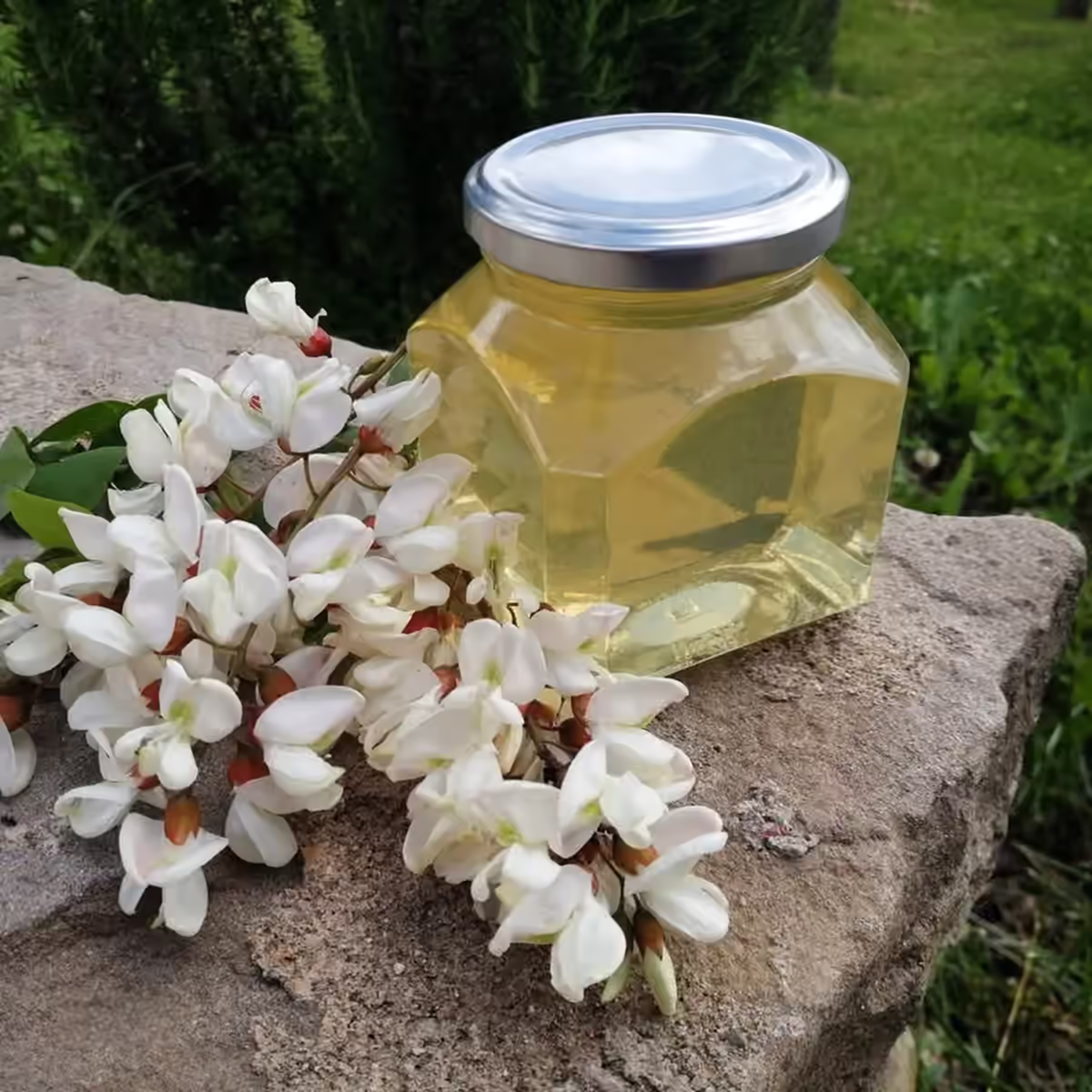 Vasetto di miele di acacia con fiori di robinia, sassi ed erba